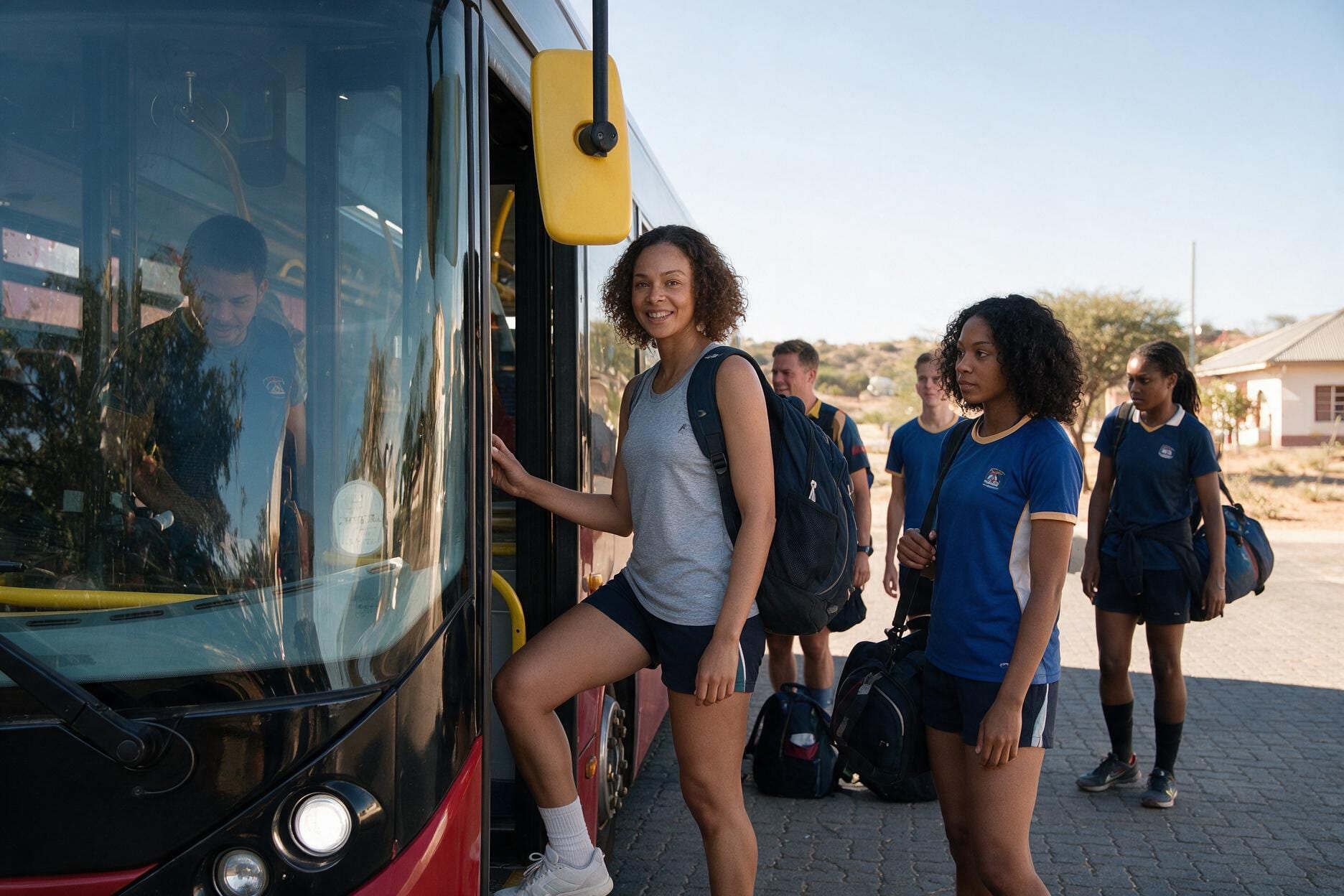 Sports team boarding transport for a match